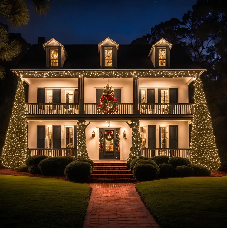 Two-story house, illuminated with Christmas lights.  A tree sits on each side, and a wreath hangs on the door.